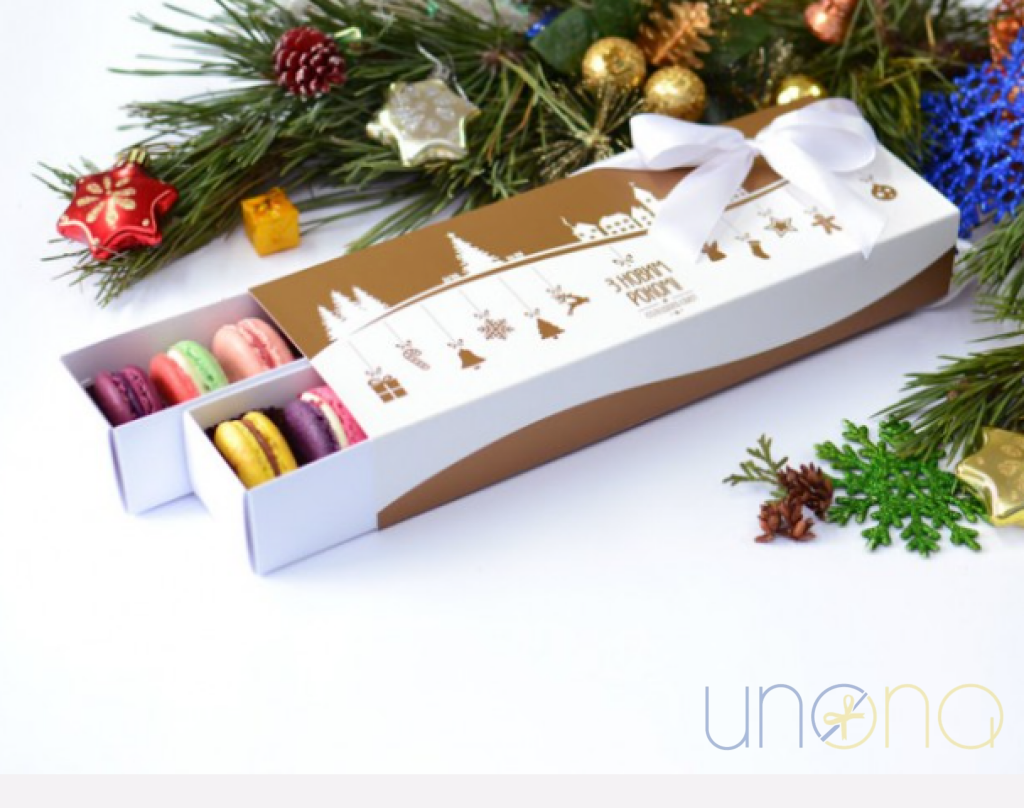 Christmas macarons beautifully packaged for gifting