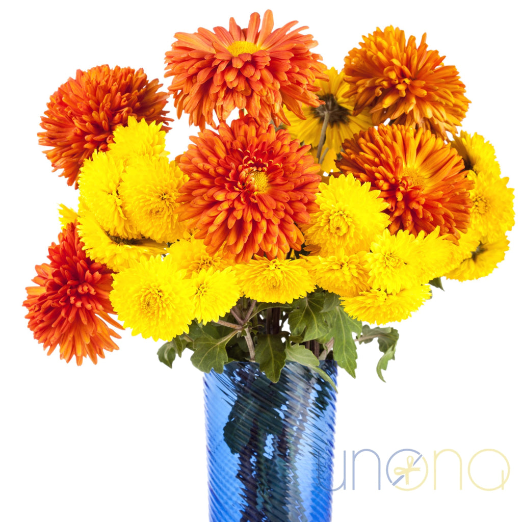 Color Explosion Bouquet – burnt orange & yellow asters with chrysanthemums – send flowers to Ukraine