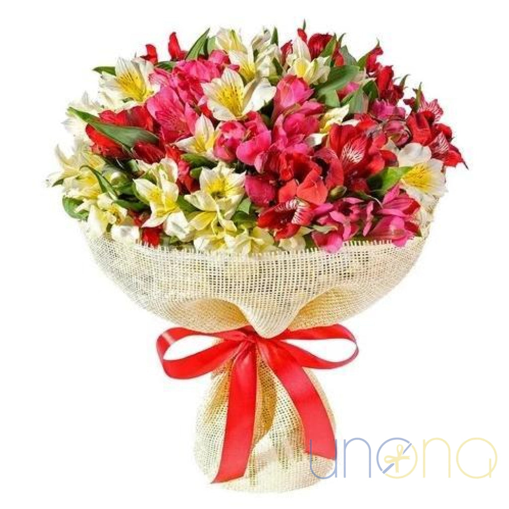 Colorful bouquet of 25 alstroemerias wrapped in burlap – flower delivery Ukraine