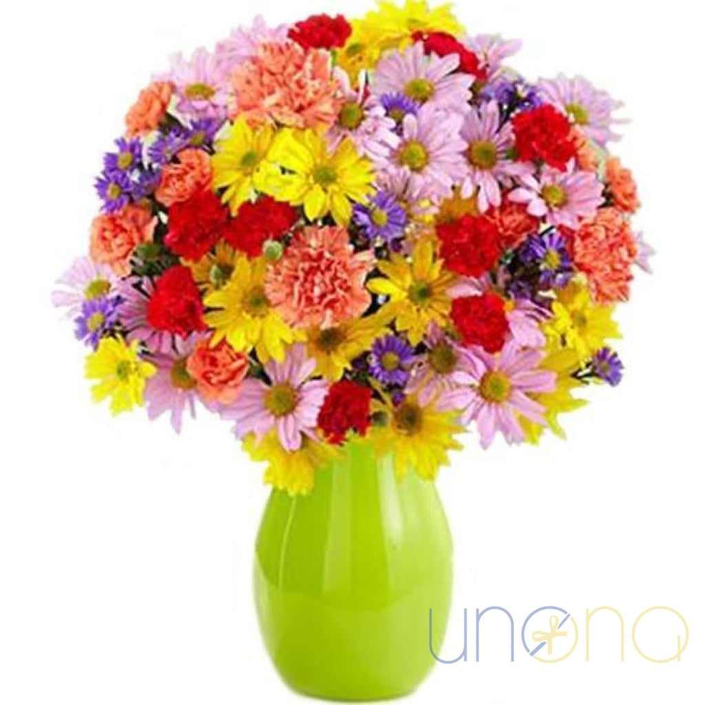 Colorful Autumn Bouquet with chrysanthemums and carnations in bright autumn colors