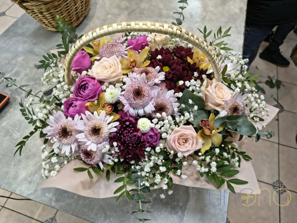 Colorful romantic flower arrangement with fresh seasonal flowers