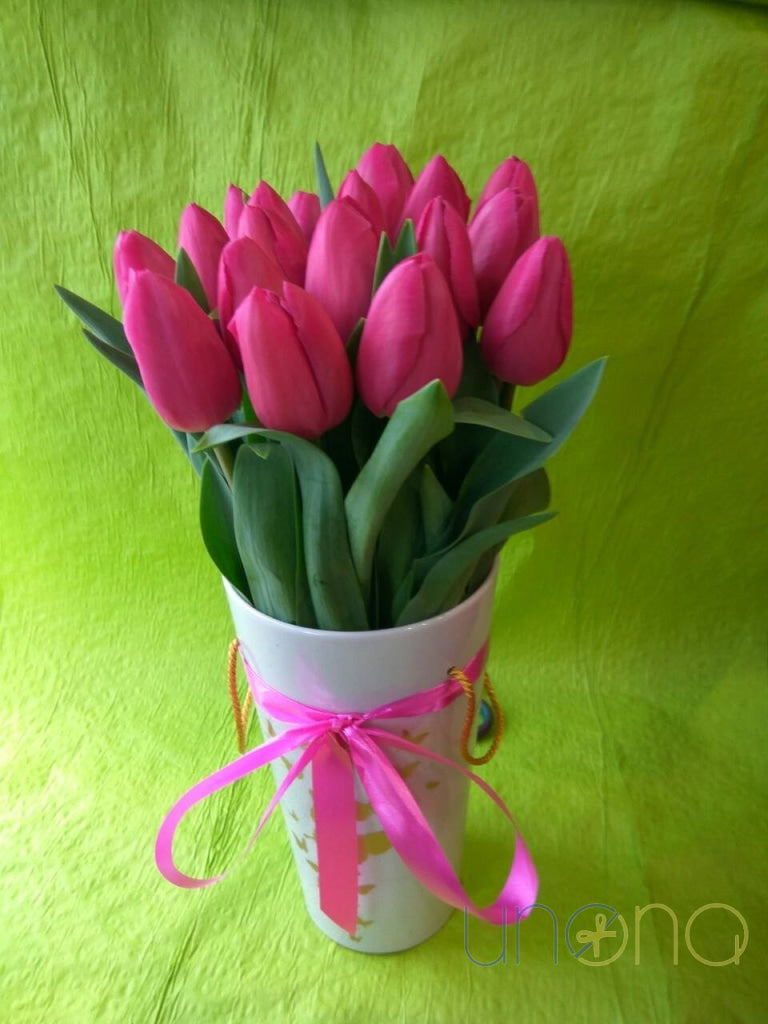 Pink tulips gift box arrangement Ukraine