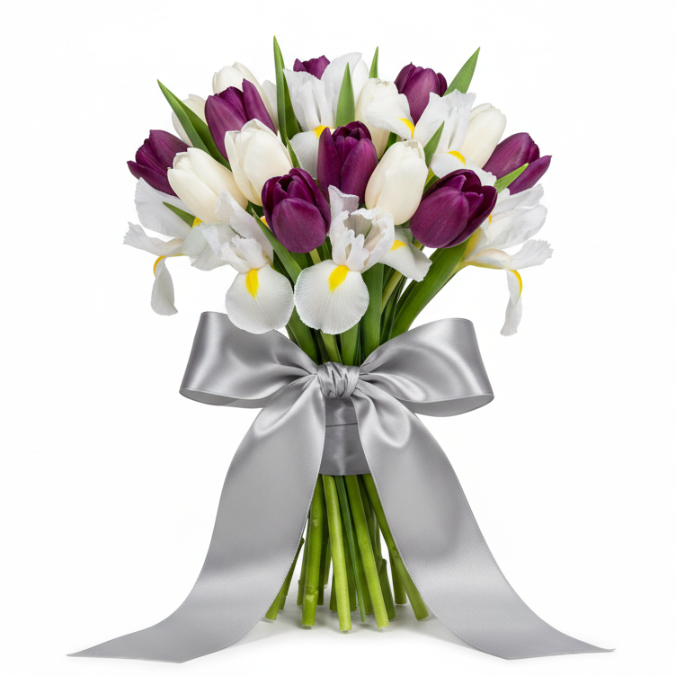 10 white 10 violet tulips and 11 white irises bouquet Ukraine