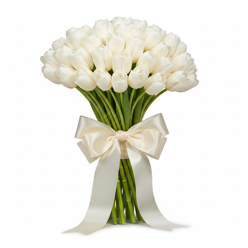 Large 51 white long stem tulips arrangement Ukraine