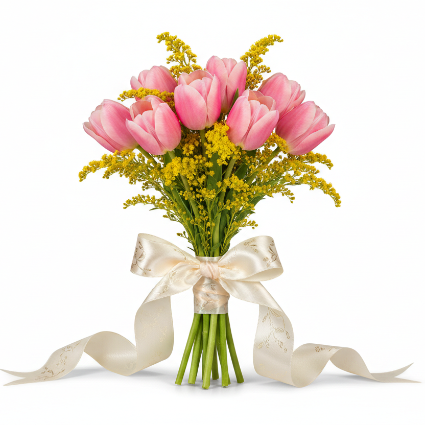 Pink tulips and solidago spring flower arrangement Ukraine