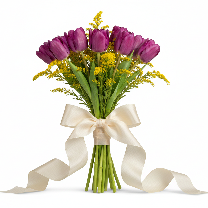 Purple tulips and solidago romantic spring bouquet for Ukraine