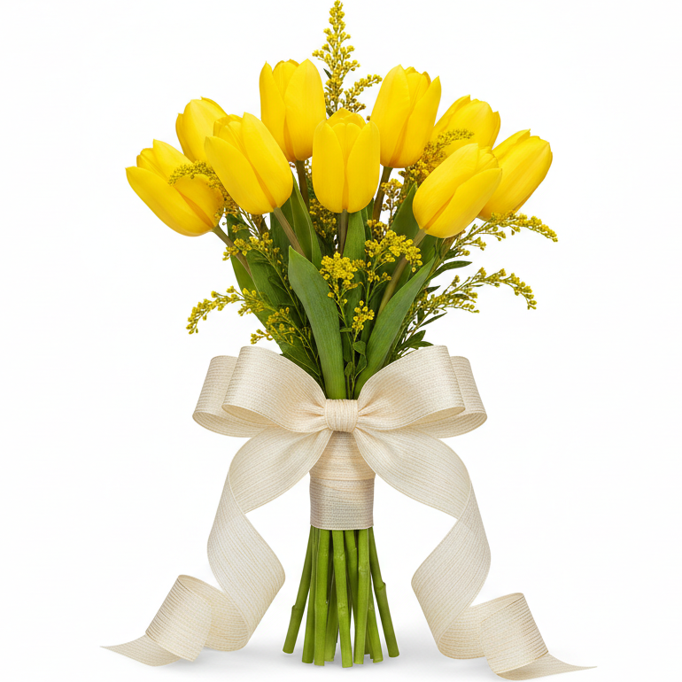 11 yellow tulips bouquet with yellow seasonal greens Ukraine delivery