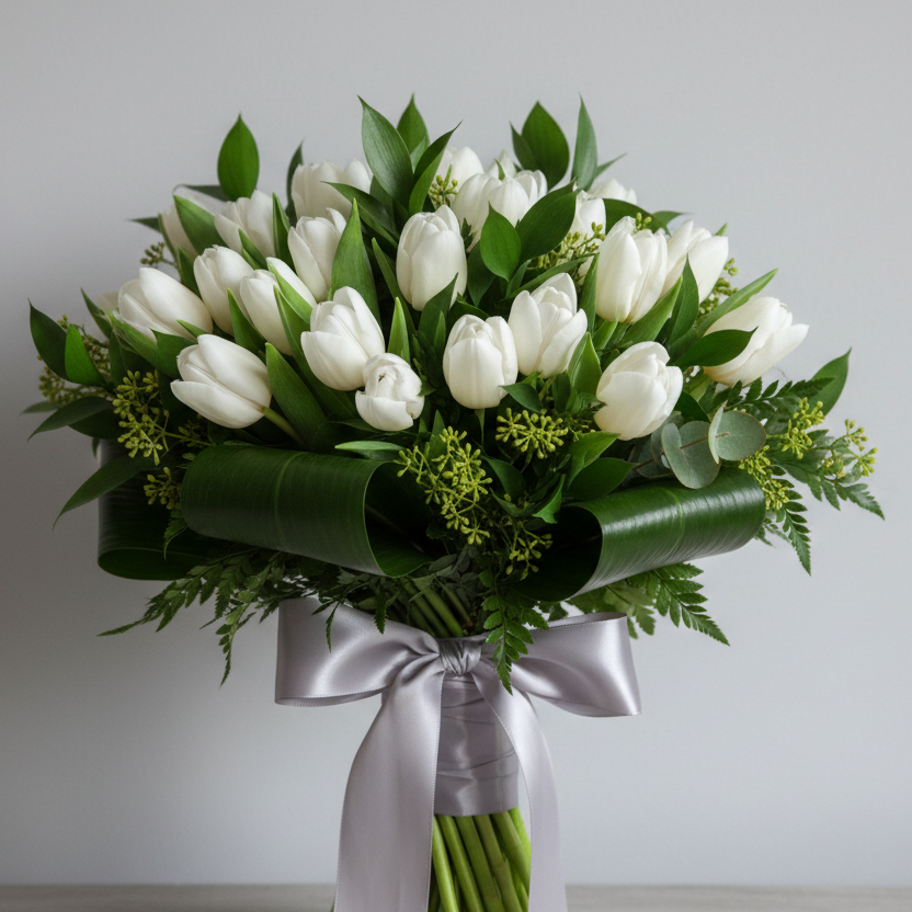 37 white tulips bouquet for Women’s Day delivery in Ukraine