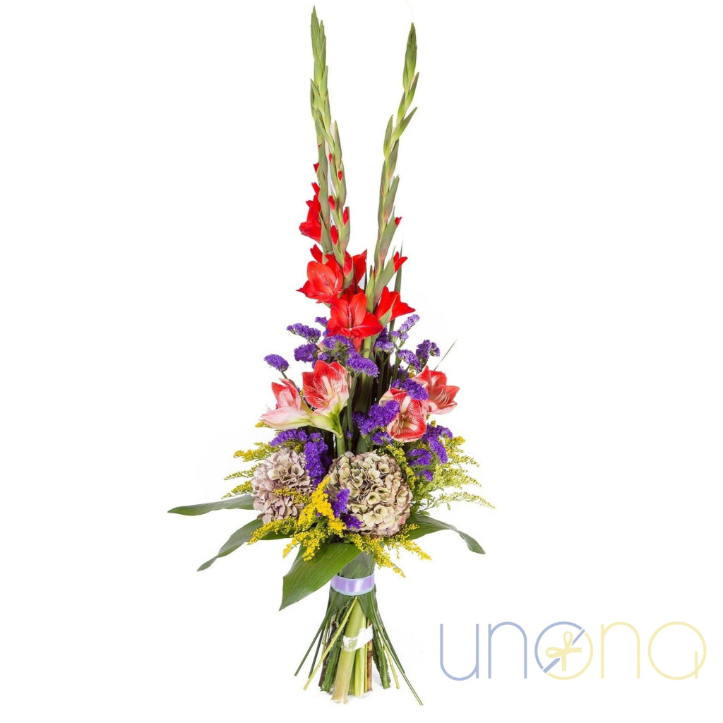 Deep Love bouquet with red gladioluses, hydrangea, and sea lavender for delivery in Ukraine