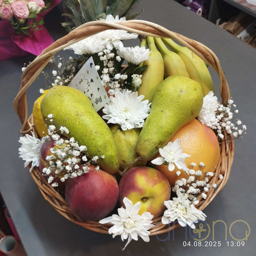 Deluxe Fruit Basket with Floral Decor fruit basket