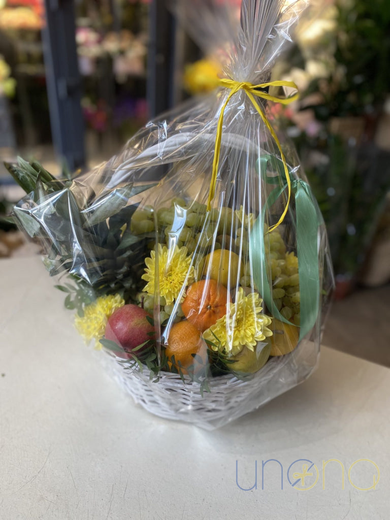 Deluxe Fruit Basket with Floral Decor fruit basket