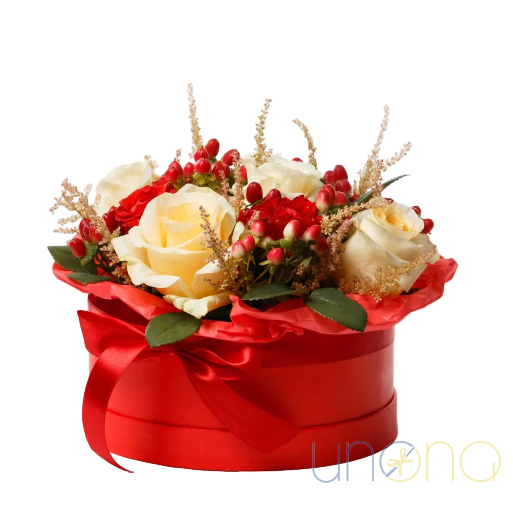 Elegant Cream & Red Floral Hatbox Arrangement Christmas flowers