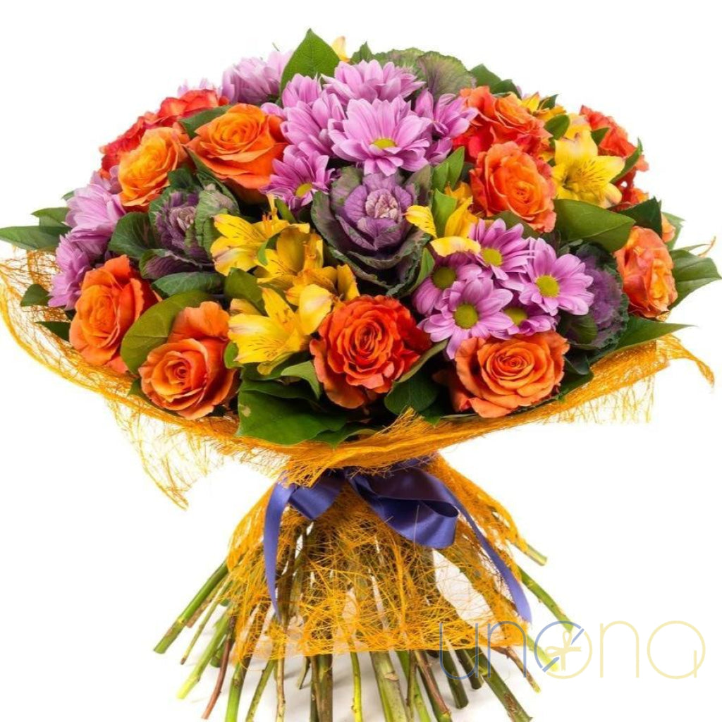 Fairy Tale bouquet with violet chrysanthemums and orange roses for delivery in Ukraine