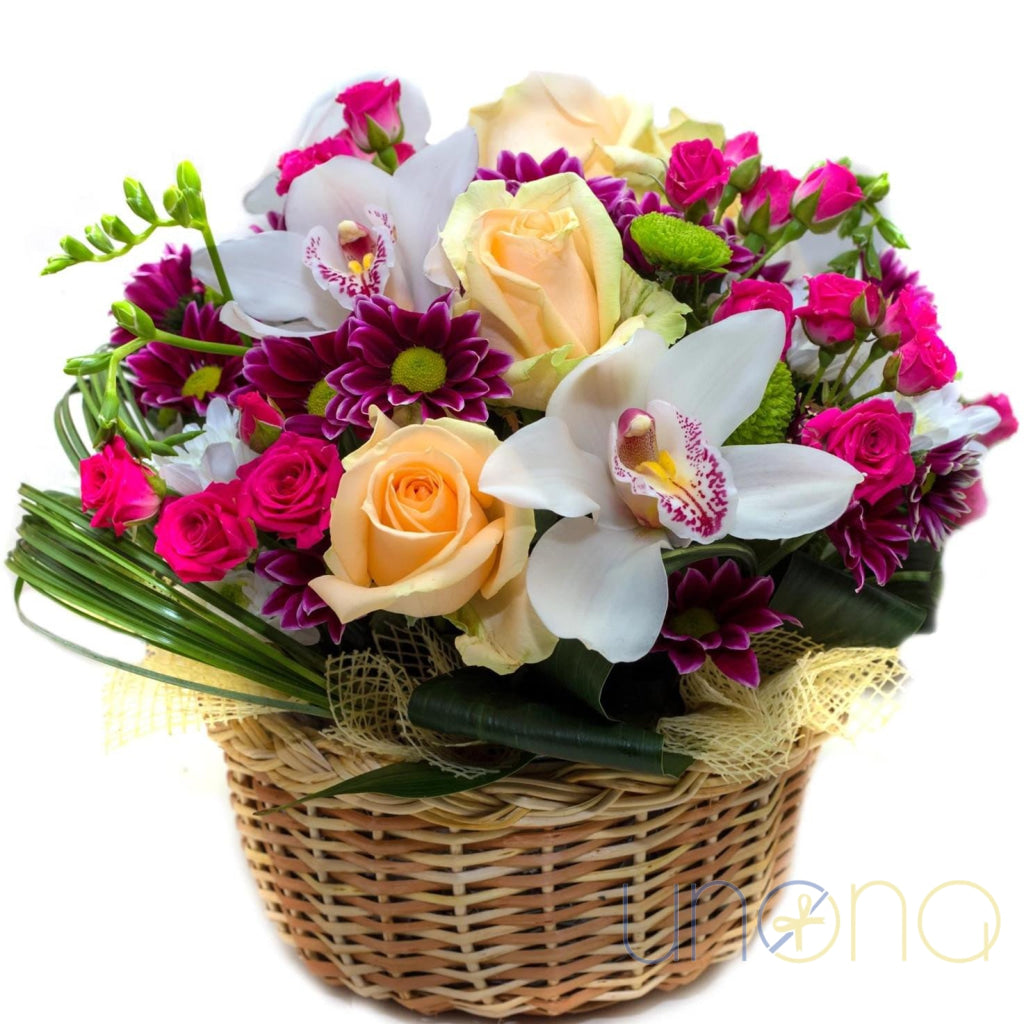 Roses, orchids and chrysanthemums flower basket for delivery in Ukraine