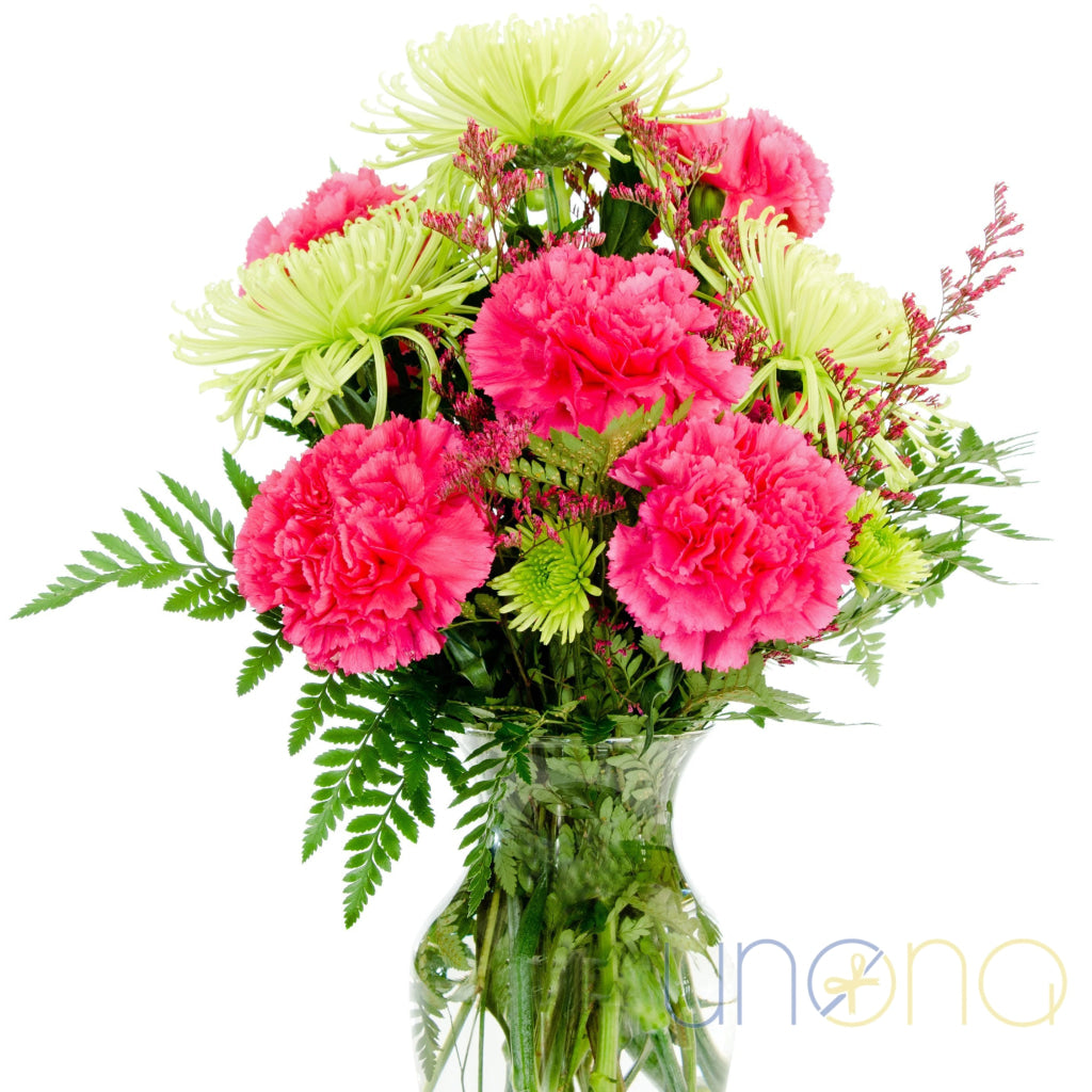 Fall Splendor Bouquet – white asters & pink carnations with seasonal greens – send flowers to Ukraine