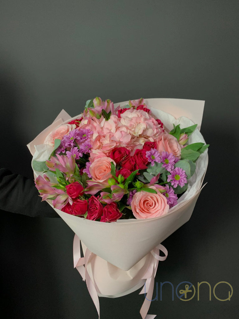 Flower Kiss Bouquet – Pink Roses Alstroemerias & Chrysanthemums Alstroemerias