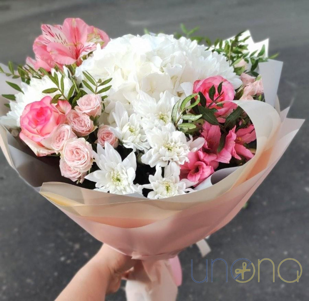 Romantic Flower Kiss Bouquet with chrysanthemums and greenery Ukraine