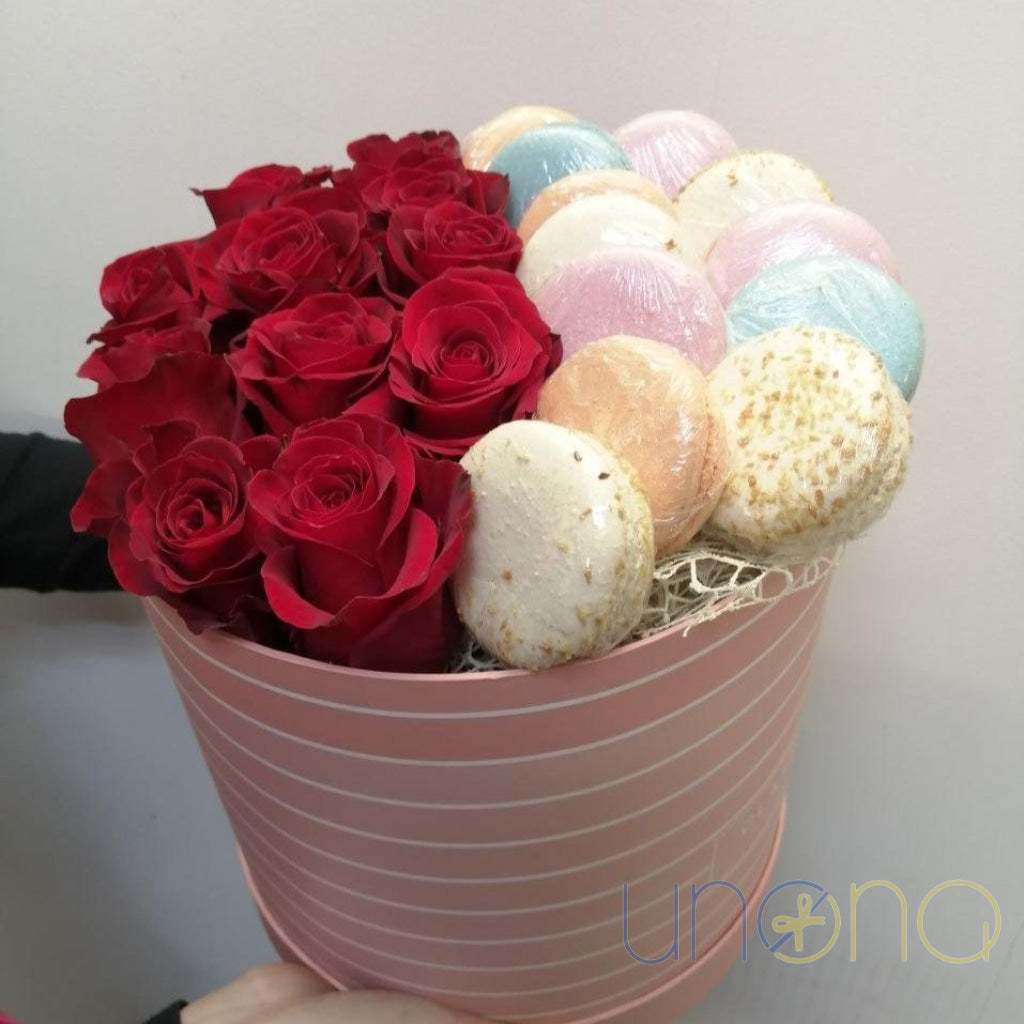 Elegant flowers and macarons gift box