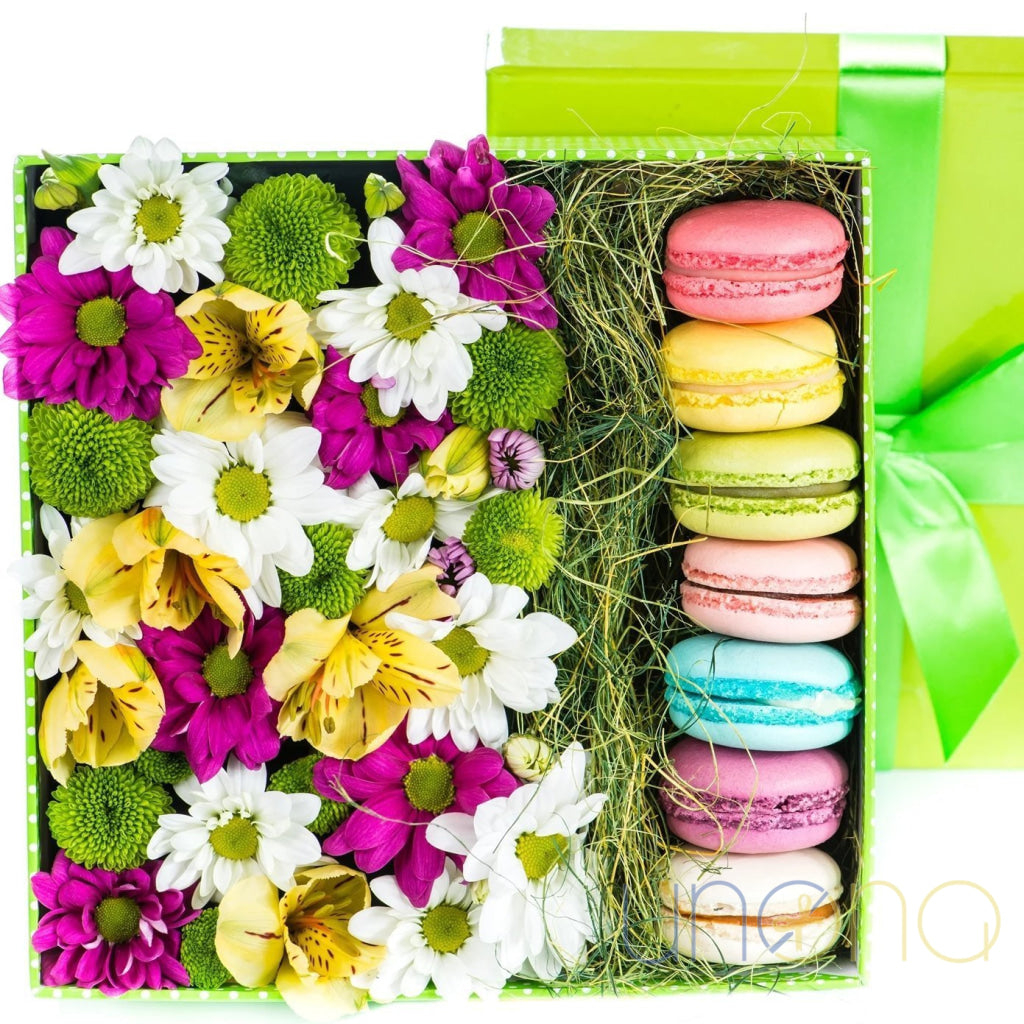 Forever Yours gift box with fresh chrysanthemums, alstroemeria, and French macarons delivery in Ukraine