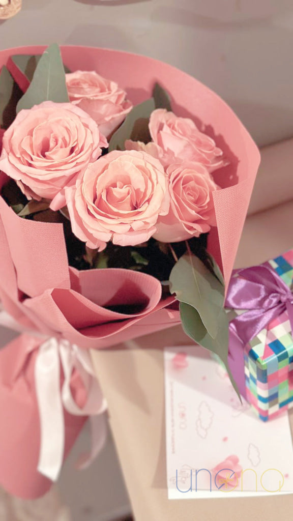 Fresh roses with fragrant eucalyptus bouquet