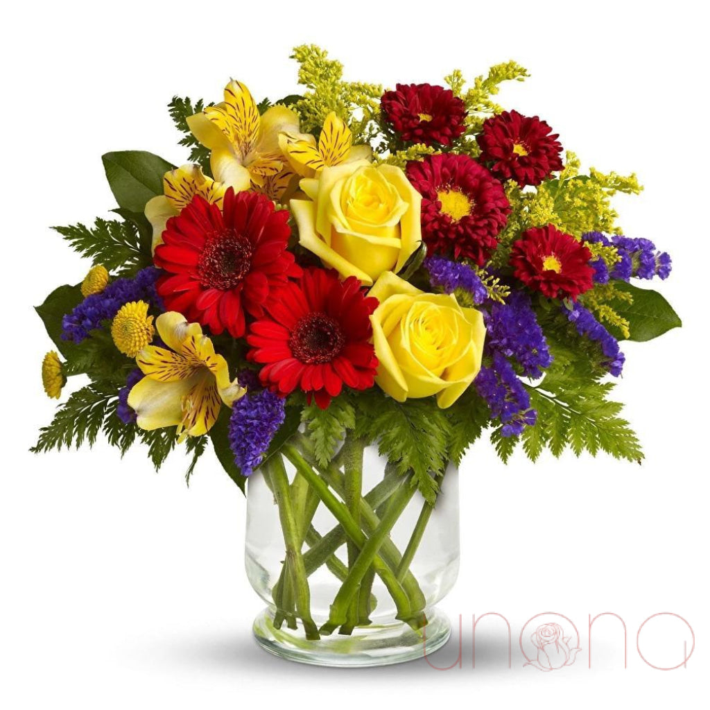  Garden Paradise Bouquet with yellow roses, alstroemerias, red gerberas, asters, and lilac greenery – summer flower delivery Ukraine