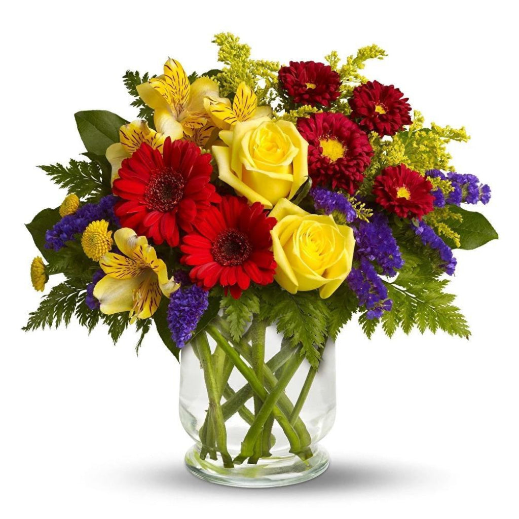 Garden Paradise Bouquet with yellow roses, alstroemerias, red gerberas, asters, and lilac greenery – summer flower delivery Ukraine