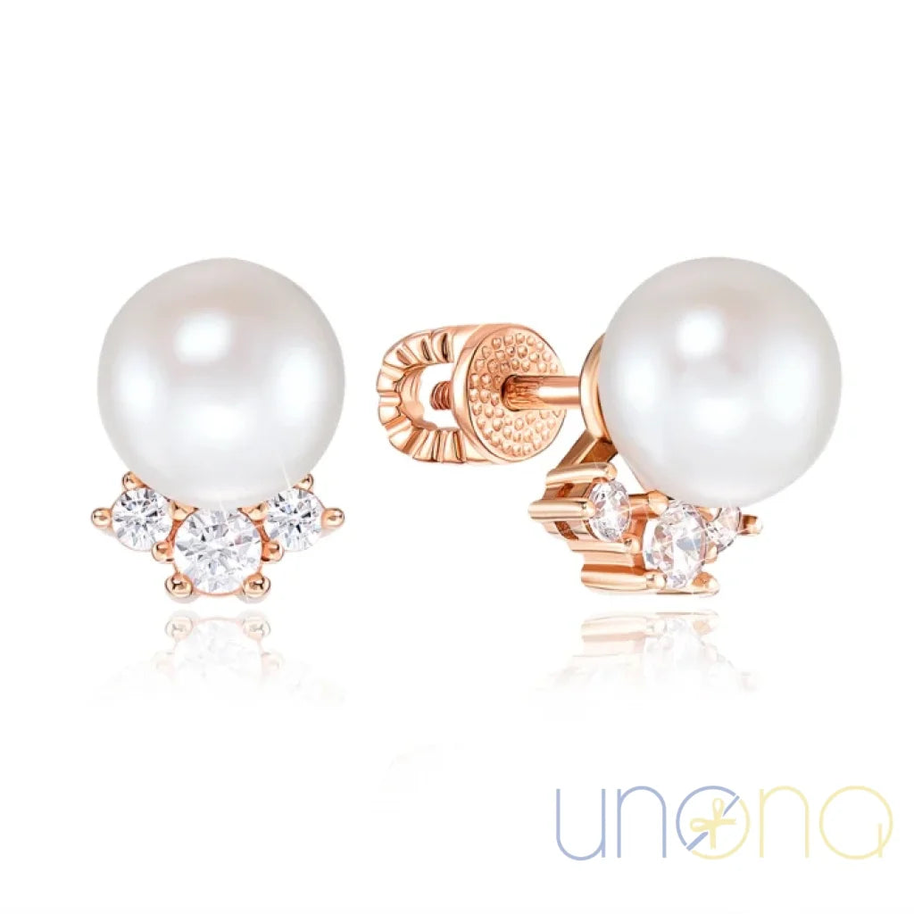 14K gold stud earrings with 6 mm pearls and zirconia – gift for Ukrainian woman