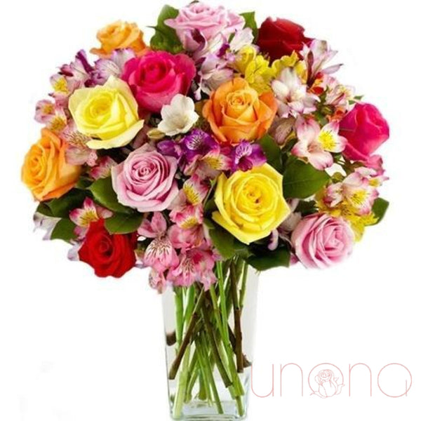 Gorgeous Roses and Multicolored Alstroemerias Bouquet | Ukraine Gift Delivery.