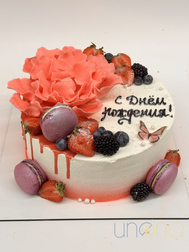 Gourmet birthday cake with cream filling and macarons