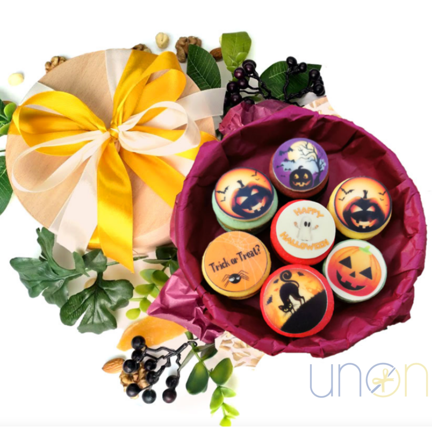 Halloween macarons gift box with seven hand-painted French macarons in a wooden gift box for delivery in Ukraine