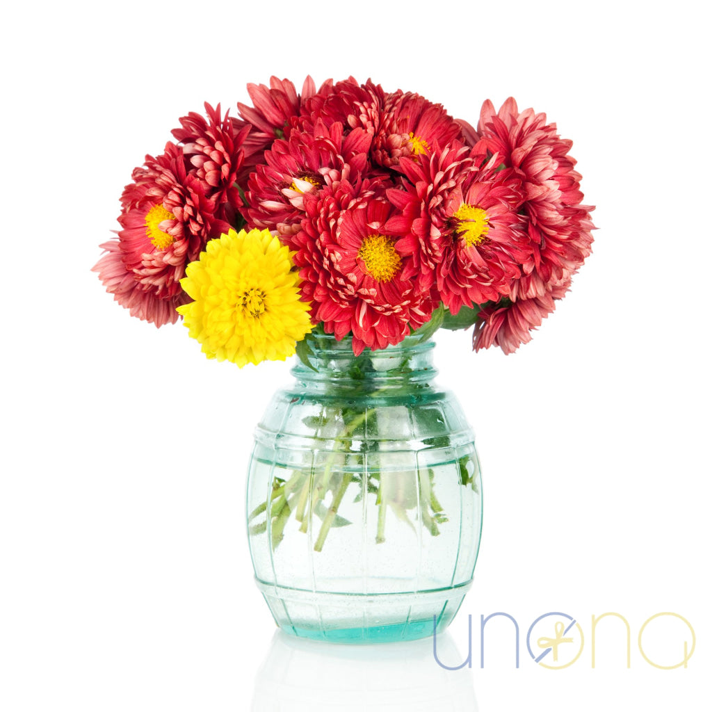 Happy Pleasure Bouquet – yellow & red asters with greens – send flowers to Ukraine