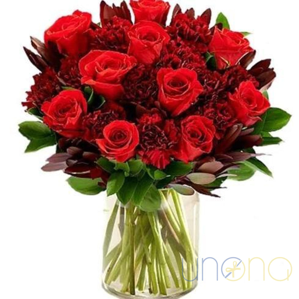 I Adore You Bouquet with red roses and dark red carnations