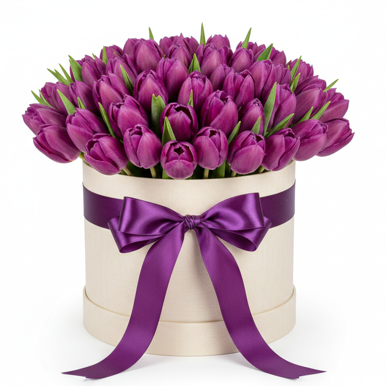 Premium 51 purple tulips gift box delivery Lviv