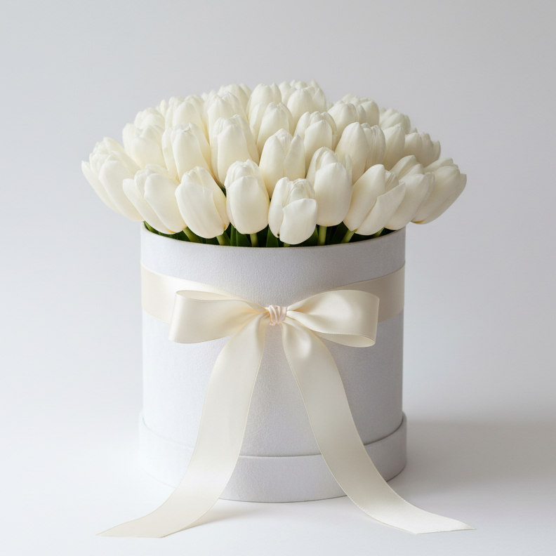 Luxury white tulips in a hatbox with white ribbon Ukraine