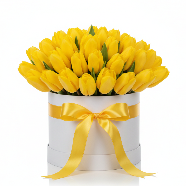 Romantic yellow tulips hatbox arrangement Ukraine