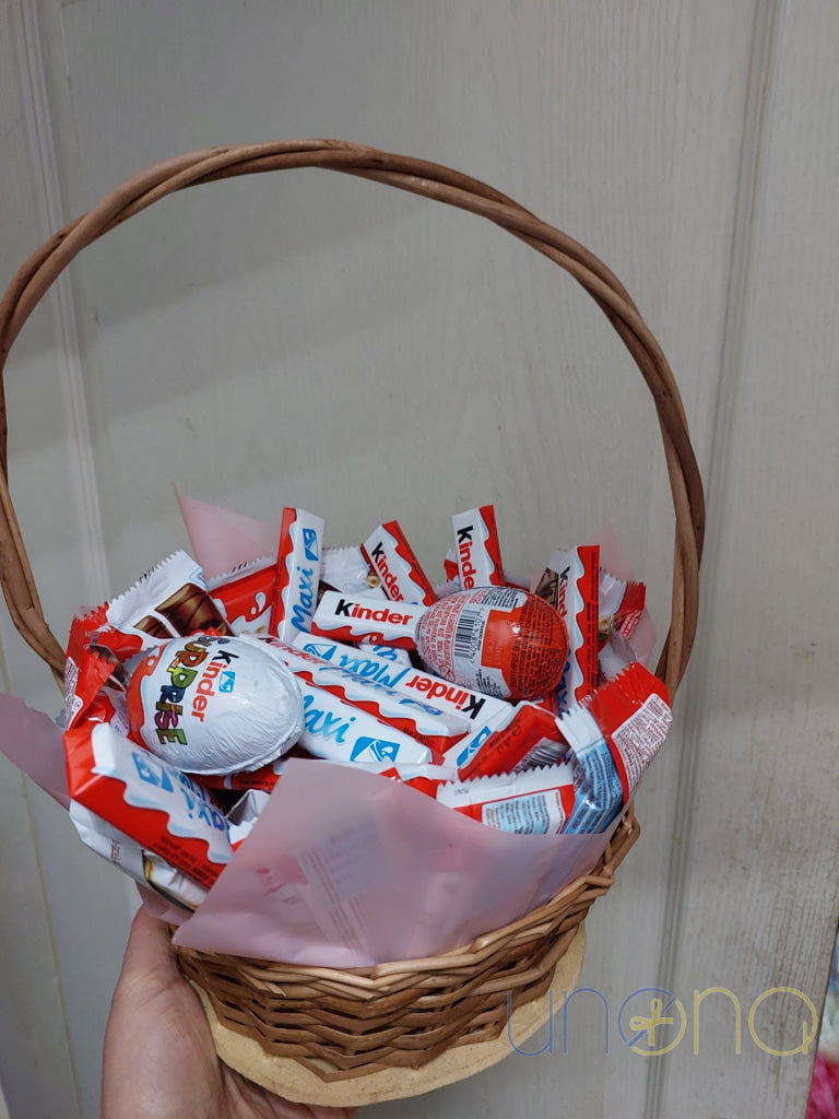 Gift basket filled with Kinder Surprise eggs and Kinder chocolates