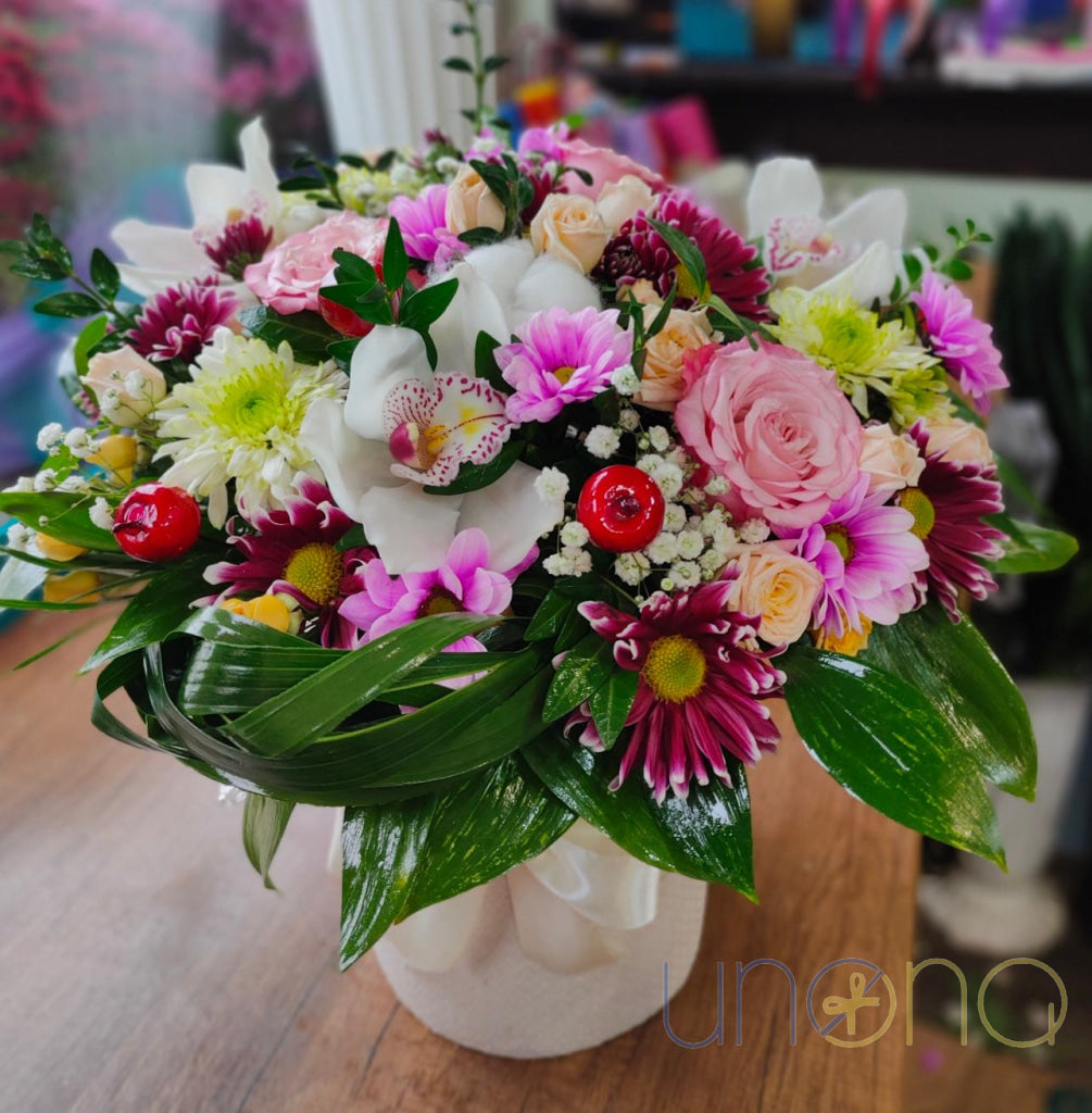 Elegant luxury flower basket with roses and orchids