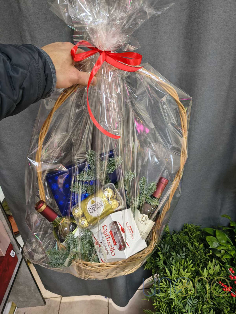 Luxury wicker gift basket with wine and imported chocolates