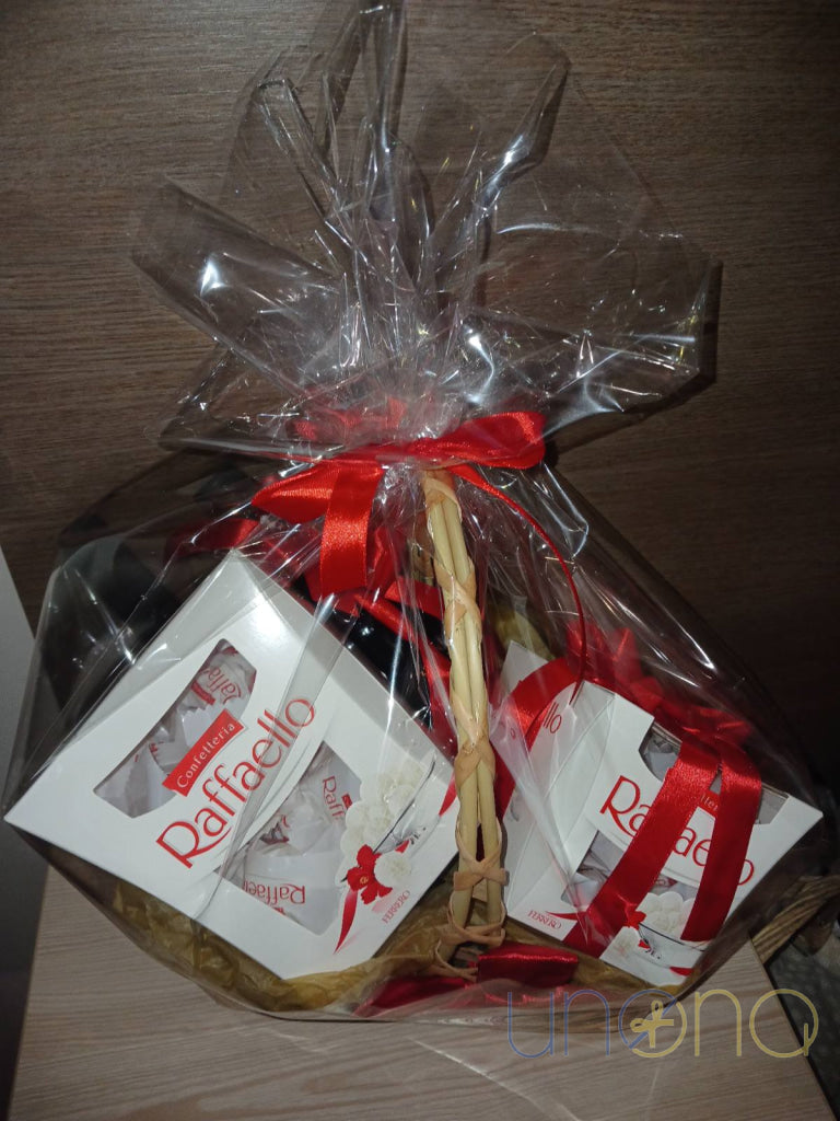 Luxury wine gift basket featuring imported chocolates and two bottles of wine