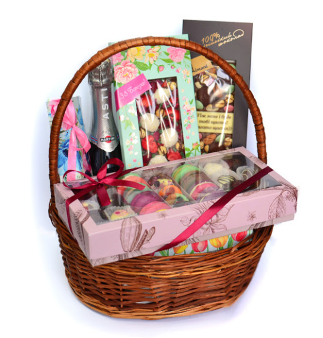 Luxury chocolate gift basket for women in Ukraine with Belgian chocolates, macarons and sparkling wine