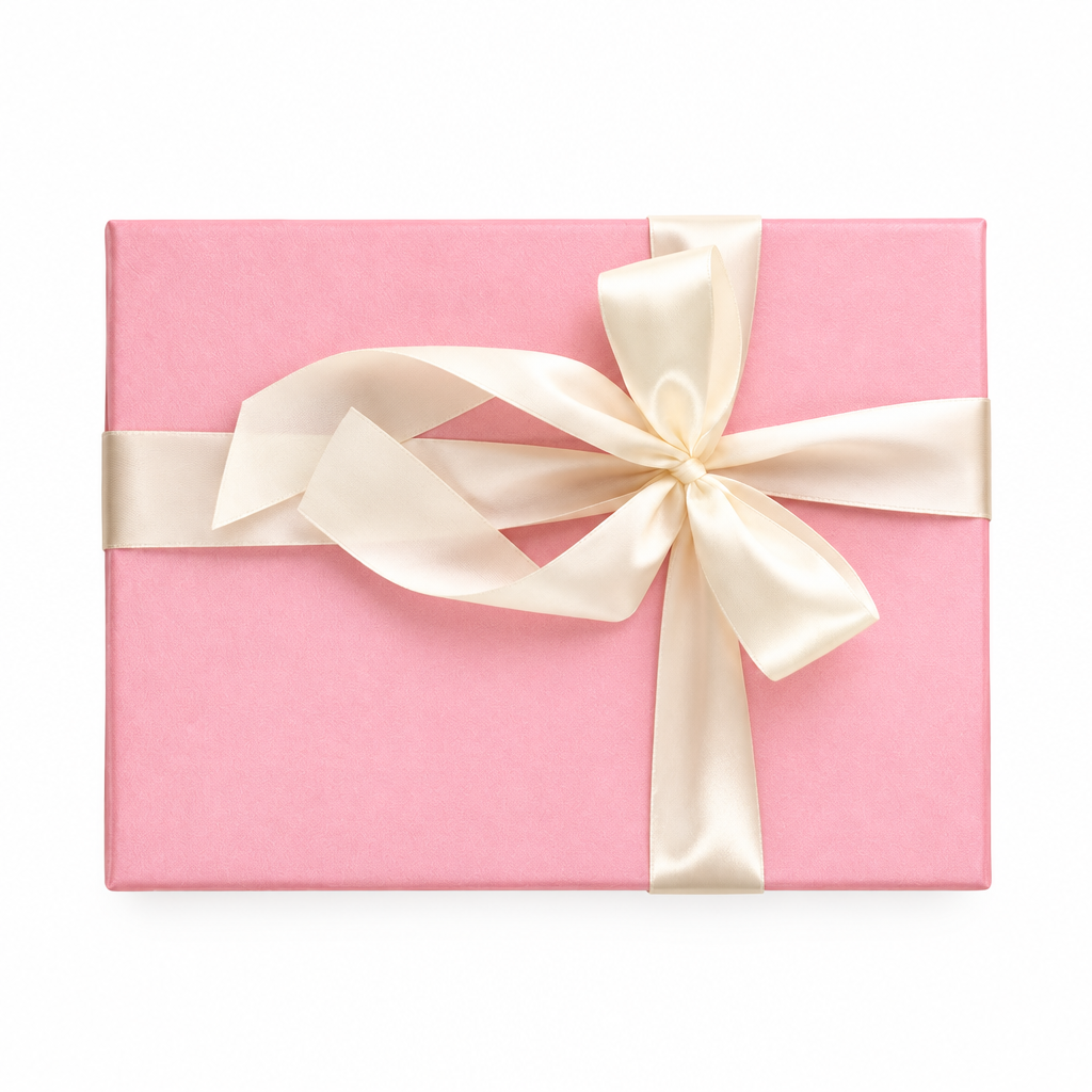 Luxury gift box with  tea, macarons, assorted chocolates and candied flowers, finished with pink ribbons