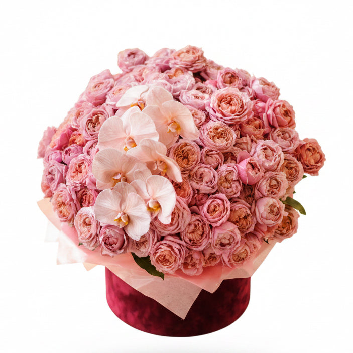 Luxury hat box with 51 pink peony roses and orchid delivered in Ukraine
