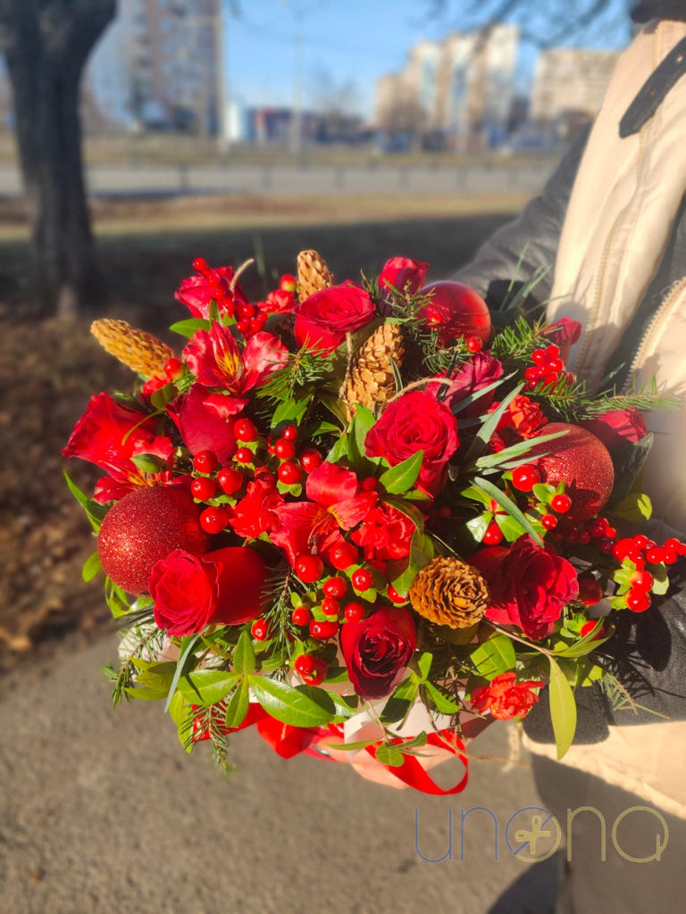 Festive Christmas bouquet with red roses and alstroemerias Kyiv Ukraine