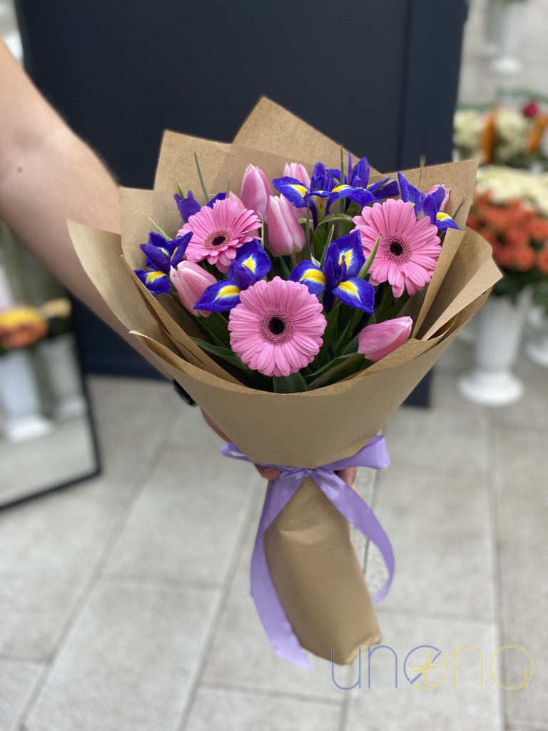 Happy spring tulips and irises bouquet Cherkasy delivery