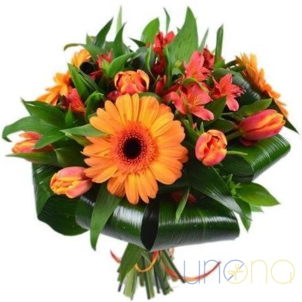 Orange gerbera bouquet with tulips and alstroemeria – flower delivery Ukraine