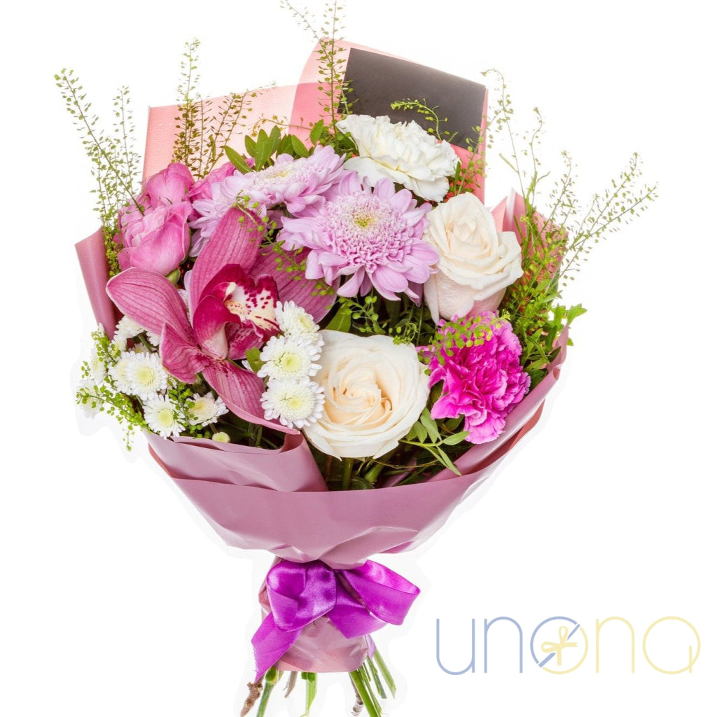 Natural Grace Bouquet with roses, carnations, orchid and pastel flowers