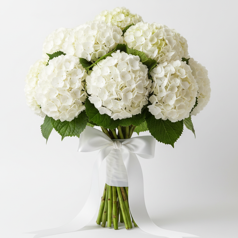 Bouquet of white pink hydrangea flowers with a white ribbon