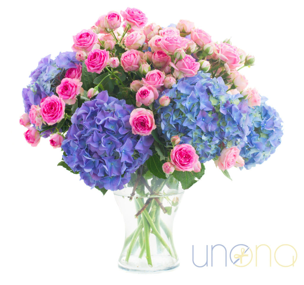 Pink In Blue Hydrangea Arrangement Flowers