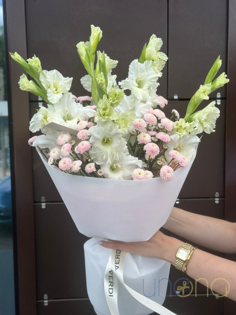 Pretty & Pink Bouquet – Gladioluses & Chrysanthemums | Flower Delivery Ukraine gladiolus