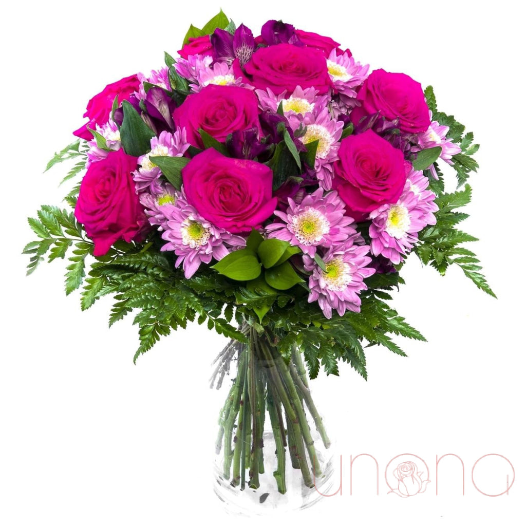 Purple Aster and Roses Bouquet – pink roses, violet asters & alstroemerias – send flowers to Ukraine